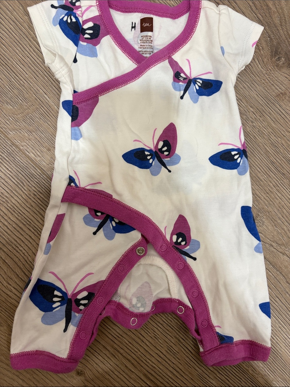 Tea Collection White Butterfly Print One-Piece with Pink Trim